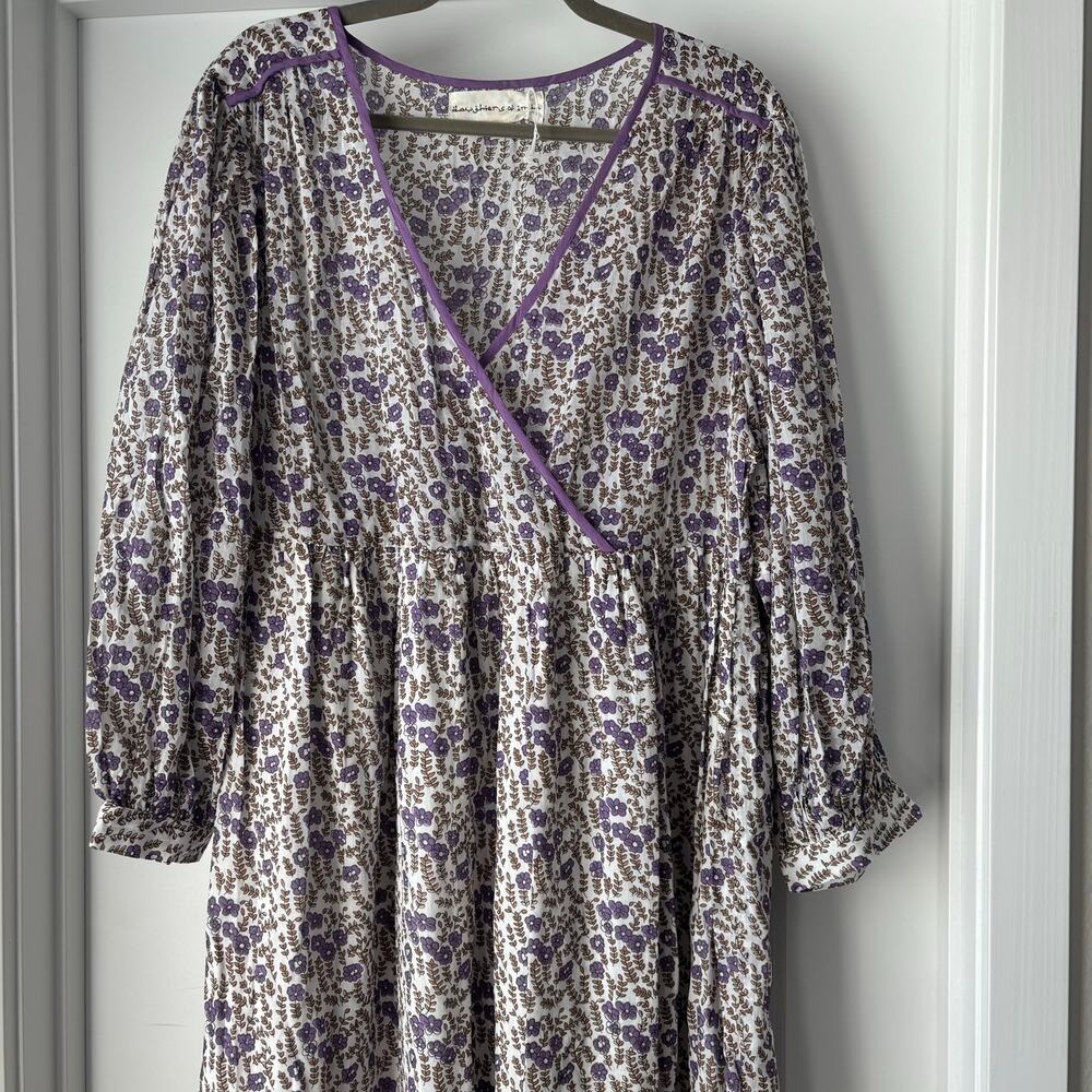 Daughters of India Purple Floral 100% Cotton Maxi Dress Boho Cottage Natural XL - Picture 3 of 7